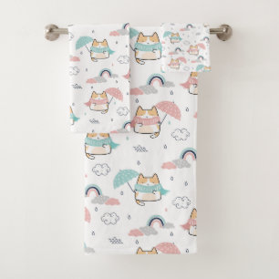 Kawaii Cats Rainy Day Pattern Bath Towel Set