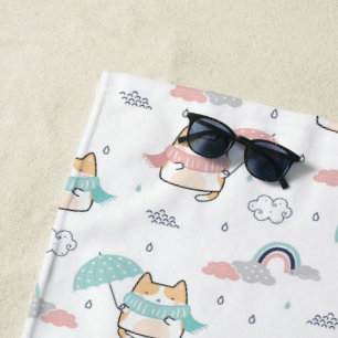 Kawaii Cats Rainy Day Pattern Beach Towel