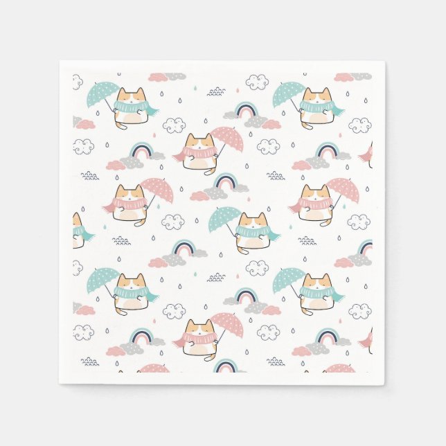 Kawaii Cats Rainy Day Pattern Paper Napkins (Front)