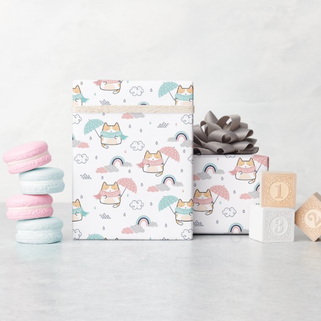 Kawaii Cats Rainy Day Pattern Wrapping Paper Roll (Baby Shower)