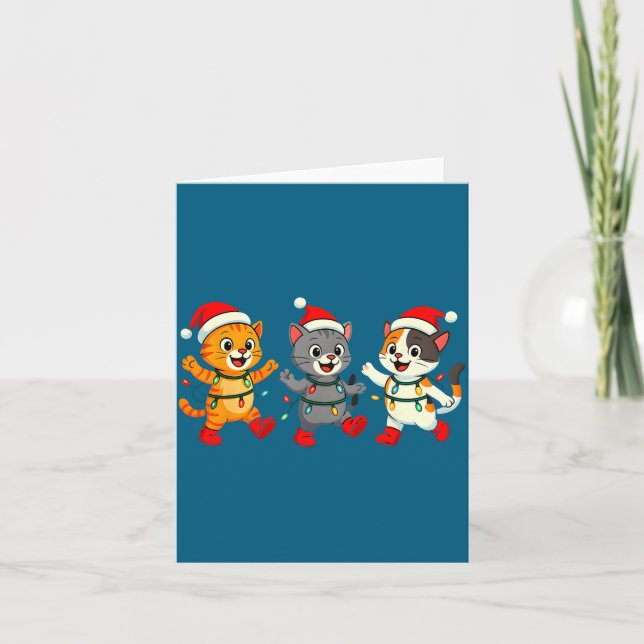 Kawaii Cats Santa Hat Dancing Lights Christmas Dan Card (Front)
