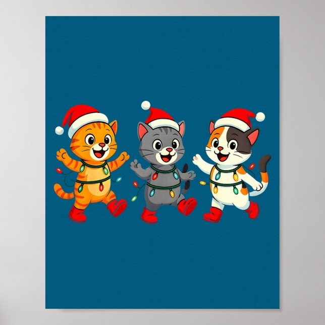 Kawaii Cats Santa Hat Dancing Lights Christmas Dan Poster (Front)