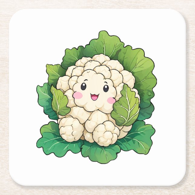Kawaii Cauliflower Square Paper Coaster (Front)