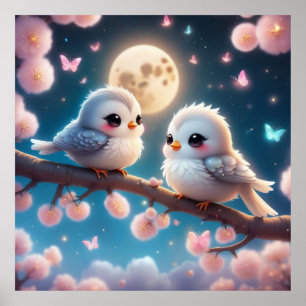 Kawaii Charming Birds under Moonlight Poster