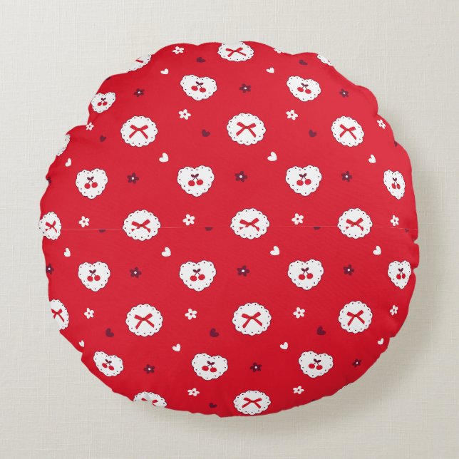 Kawaii Cherries and Bows Pattern Round Cushion (Front)