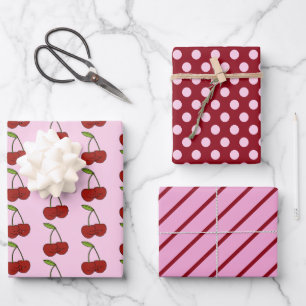 Kawaii Cherries, Polka Dots and Stripes Set of 3 Wrapping Paper Sheet