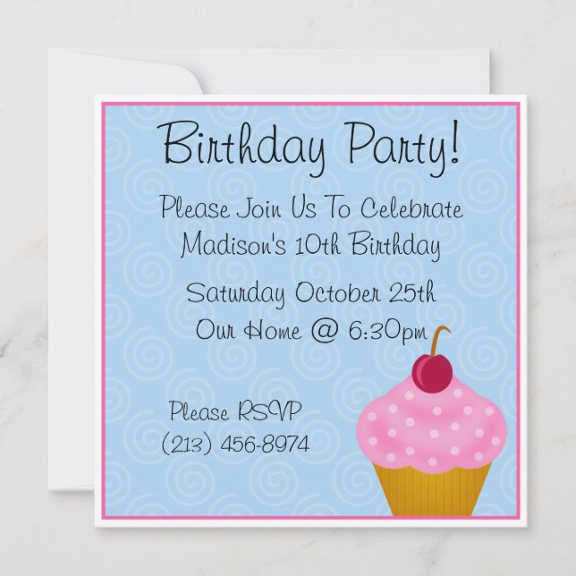 Kawaii Cherry Cupcake Birthday Party Invitations (Front)