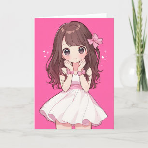 Kawaii Chibi Anime Girl Pink Holiday Card