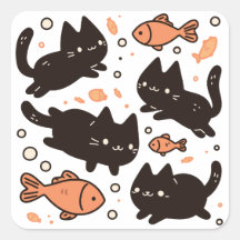 Kawaii Chibi Black Cat Pattern with Goldfish