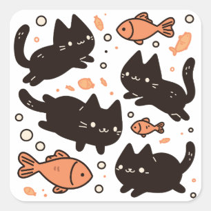 Kawaii Chibi Black Cat Pattern with Goldfish Square Sticker