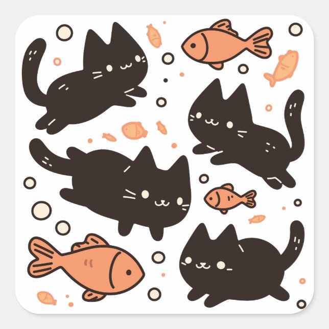 Kawaii Chibi Black Cat Pattern with Goldfish Square Sticker (Front)