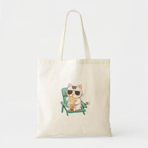 Kawaii Chibi Cat in Sunglasses Drinking Frappè Tote Bag