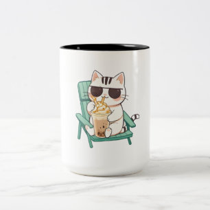 Kawaii Chibi Cat in Sunglasses Drinking Frappè Two-Tone Coffee Mug