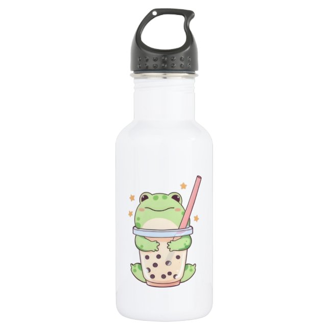 Kawaii Chibi Frog Hugging Bubble Tea Cup 532 Ml Water Bottle (Front)