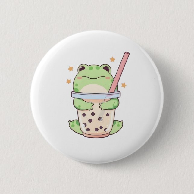 Kawaii Chibi Frog Hugging Bubble Tea Cup 6 Cm Round Badge (Front)