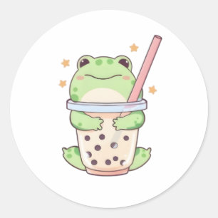 Kawaii Chibi Frog Hugging Bubble Tea Cup Classic Round Sticker