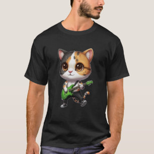 Kawaii Chibi Funny Calico Cat Guitarist Rocker T-Shirt