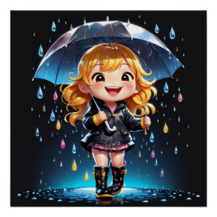 Kawaii Chibi Girl in a Joyful Rainy Day Poster