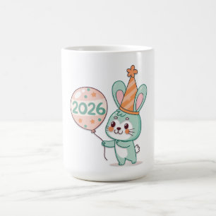Kawaii Chibi Rabbit Mascot Holding 2026 Balloons Coffee Mug