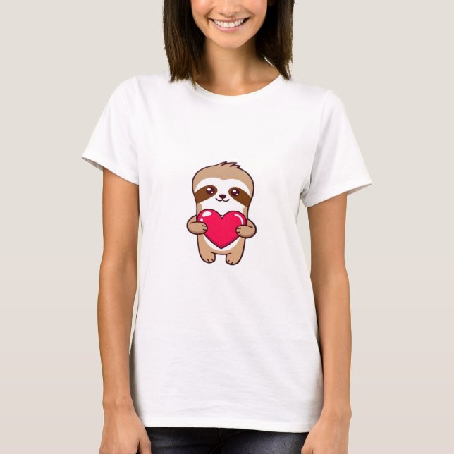 Kawaii Chibi Sloth Hugging Heart � Cute Adorable S T-Shirt (Front)