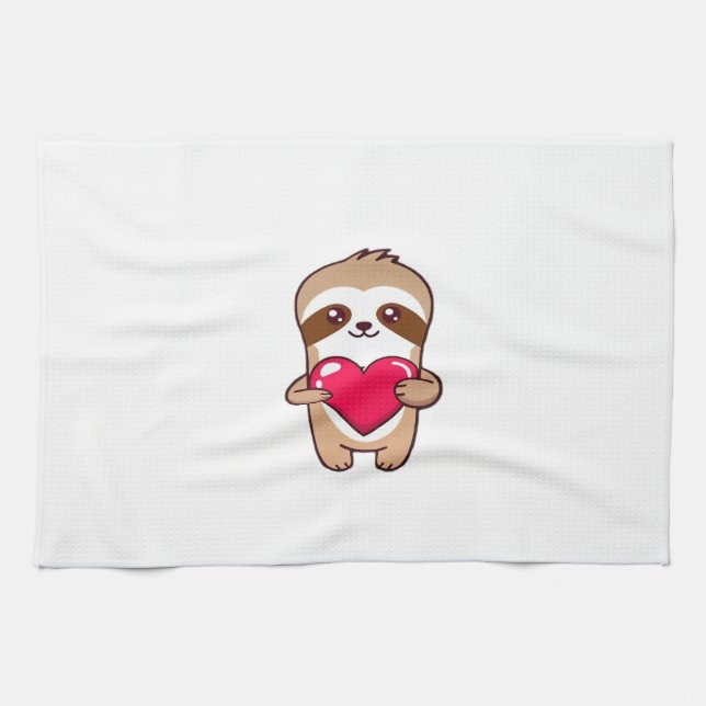 Kawaii Chibi Sloth Hugging Heart � Cute Adorable S Tea Towel (Horizontal)