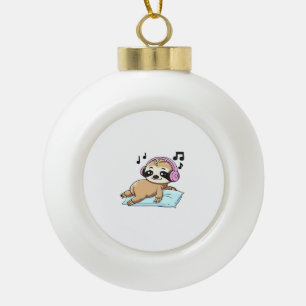 Kawaii Chibi Sloth Listening to Music � Cute Relax Ceramic Ball Christmas Ornament