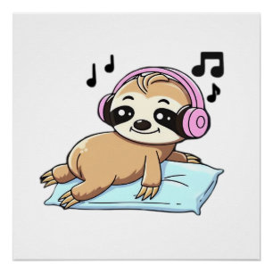 Kawaii Chibi Sloth Listening to Music � Cute Relax Poster