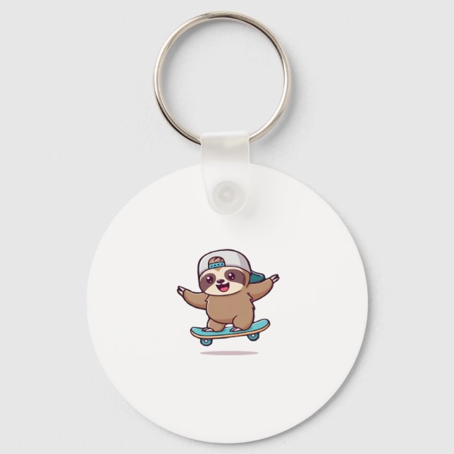 Kawaii Chibi Sloth Skater � Cute Funny Skateboardi Key Ring (Front)