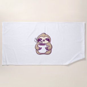 Kawaii Chibi Sloth with Coffee Mug � Cute Sleepy A Beach Towel