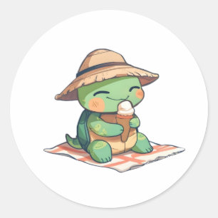 Kawaii Chibi Turtle in Straw Hat Eating Ice Cream Classic Round Sticker