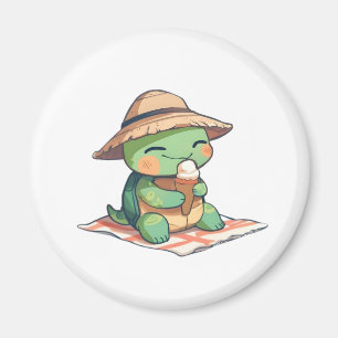 Kawaii Chibi Turtle in Straw Hat Eating Ice Cream Magnet