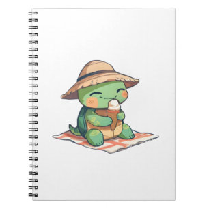 Kawaii Chibi Turtle in Straw Hat Eating Ice Cream Notebook