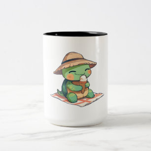 Kawaii Chibi Turtle in Straw Hat Eating Ice Cream Two-Tone Coffee Mug