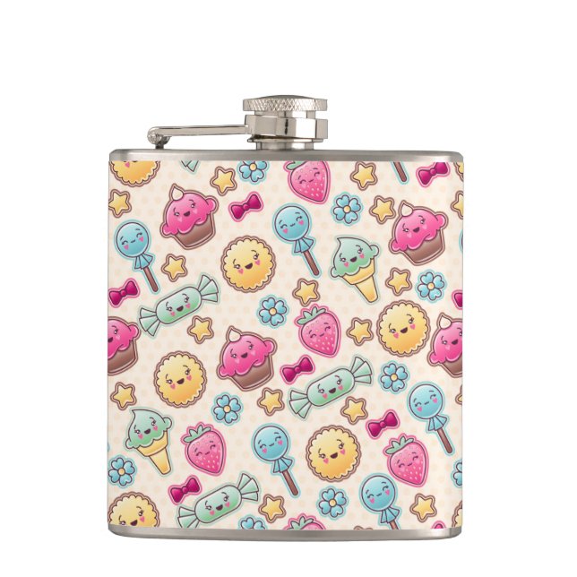 Kawaii child pattern with cute doodles hip flask (Front)