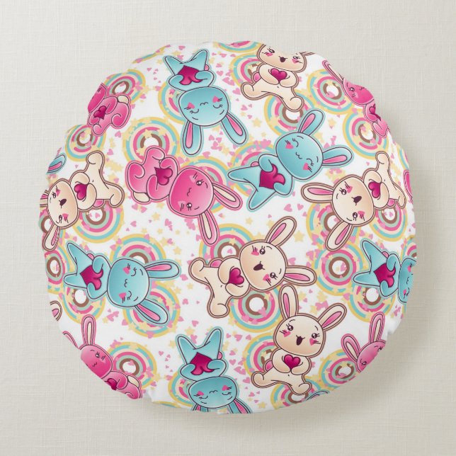 Kawaii Child Pattern with Cute Doodles Round Cushion (Front)