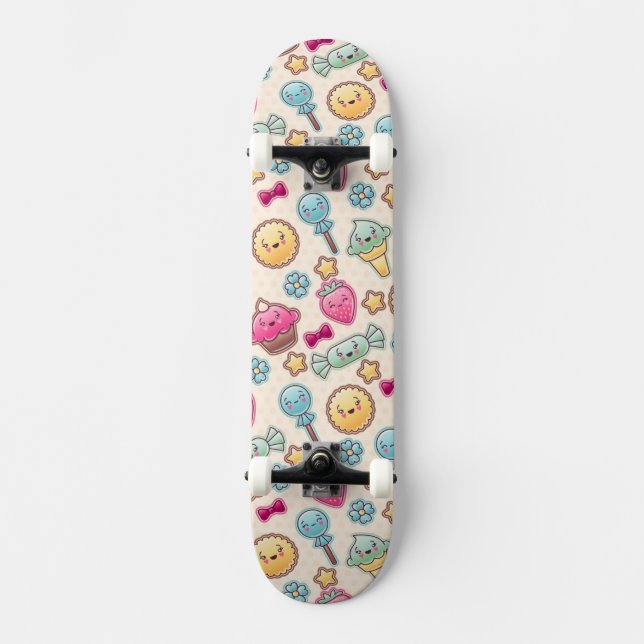 Kawaii child pattern with cute doodles skateboard (Front)