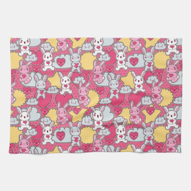 Kawaii Child Pattern with Cute Doodles Tea Towel (Horizontal)