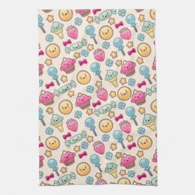 Kawaii child pattern with cute doodles tea towel (Vertical)