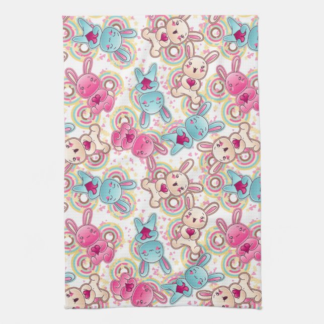 Kawaii Child Pattern with Cute Doodles Tea Towel (Vertical)