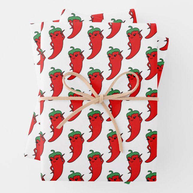 Kawaii Chilli Pepper Diva Custom Wrapping Paper Sheet (In situ)