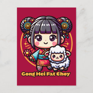 Kawaii Chinese New Year Sheep and Girl Postcard