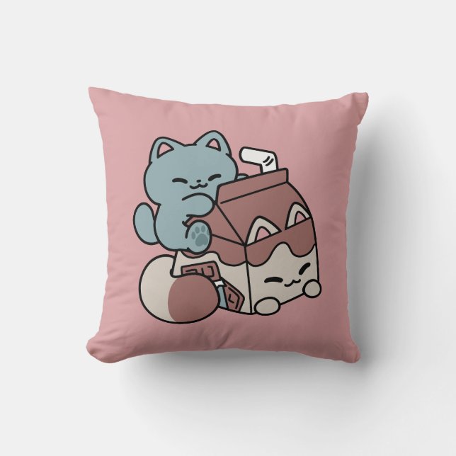 Kawaii Chocolate Milk Cat – Cozy Drink & Cuteness  Cushion (Front)