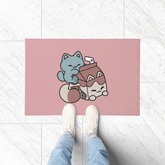 Kawaii Chocolate Milk Cat – Cozy Drink & Cuteness  Doormat (Indoor)