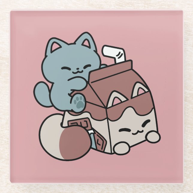 Kawaii Chocolate Milk Cat – Cozy Drink & Cuteness  Glass Coaster (Front)