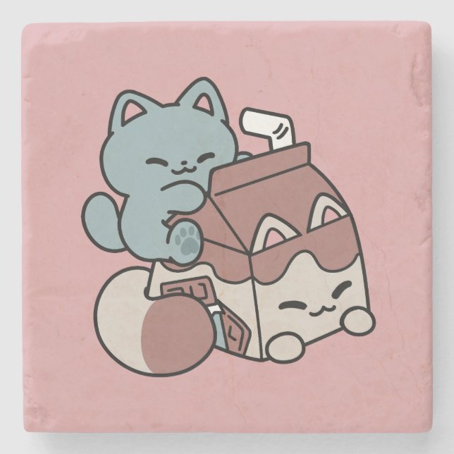 Kawaii Chocolate Milk Cat – Cozy Drink & Cuteness  Stone Coaster (Front)