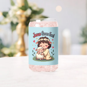 Kawaii Christian "Jesus Loves Ewe" Pastel Design Can Glass