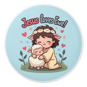 Kawaii Christian "Jesus Loves Ewe" Pastel Design Ceramic Knob