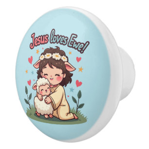 Kawaii Christian "Jesus Loves Ewe" Pastel Design Ceramic Knob