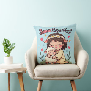 Kawaii Christian "Jesus Loves Ewe" Pastel Design Cushion