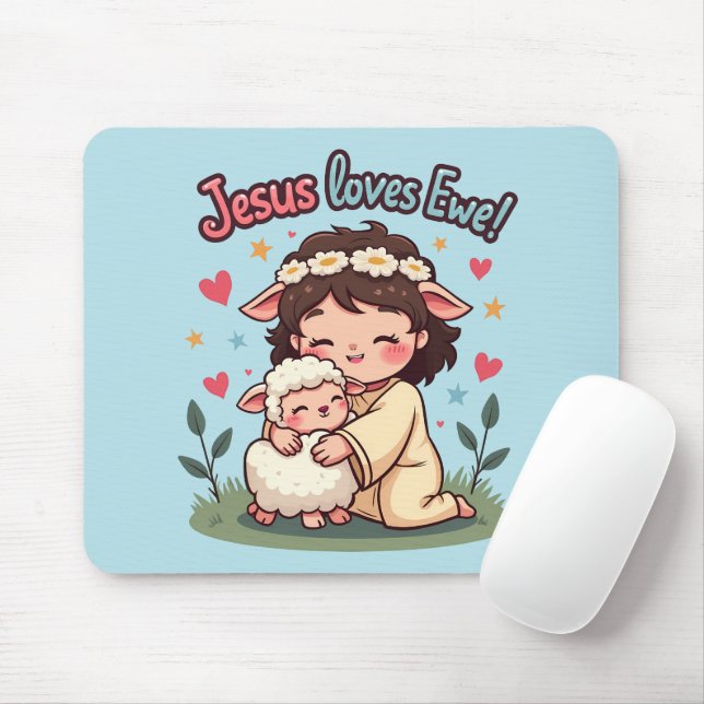 Kawaii Christian "Jesus Loves Ewe" Pastel Design Mouse Mat (With Mouse)